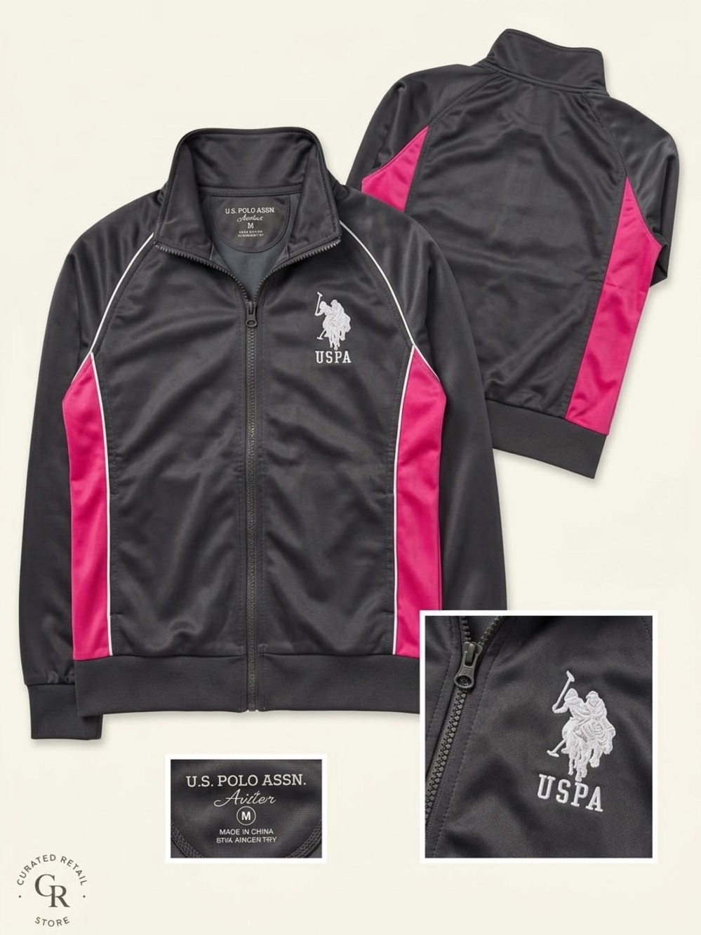 U.S. Polo Assn. Women's Track Jacket - Dark Grey & Hot Pink (Size M)